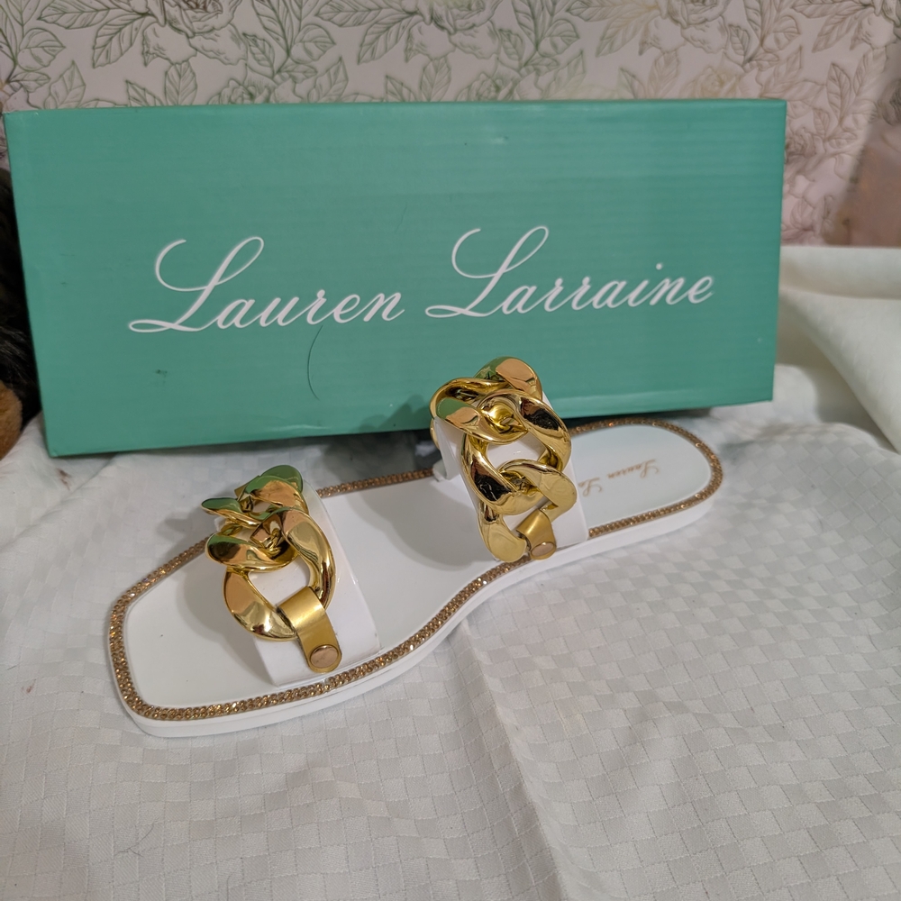 Lauren Lorraine Gold Chain White Sandals